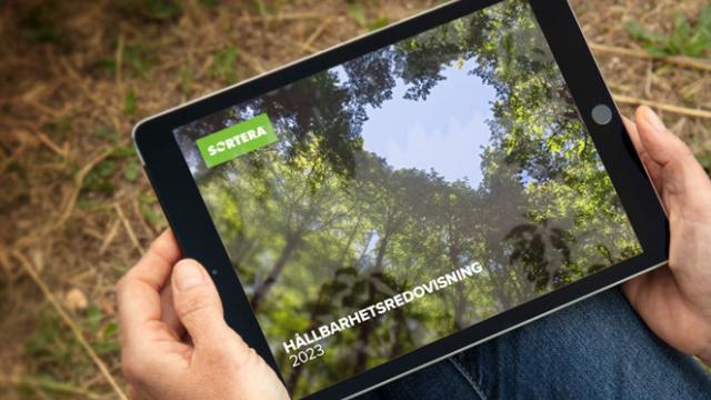 Tittar på skärm med hållbarhetsredovisning